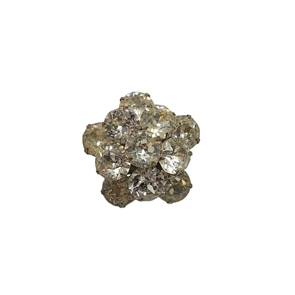 Clear Crystals Flower Brooch Pin Silver Tone Vintage 1 in